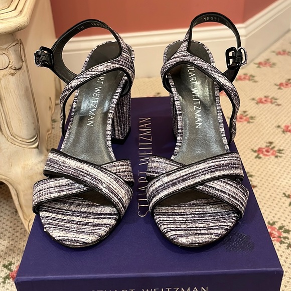 Stuart Weitzman Sunlover Black White Weave Napa Sandal - Picture 1 of 5